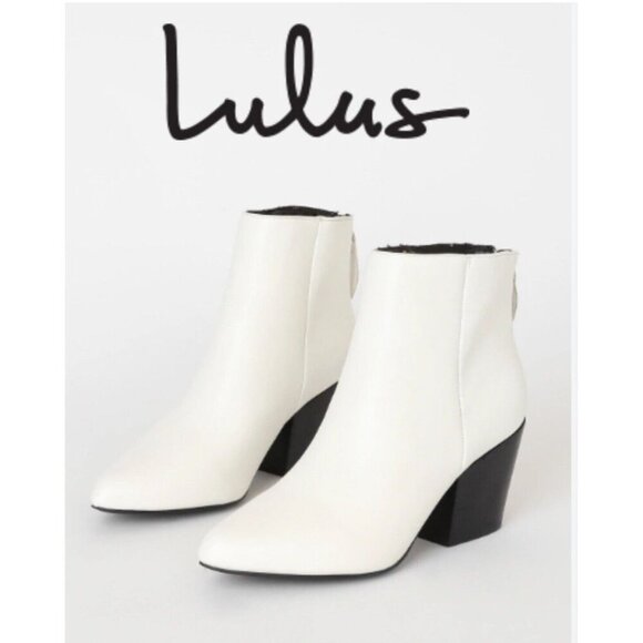 LULUS Brya White Vegan Leather Pointed-Toe Chunky Heel Ankle Bootie 7.5 - Picture 1 of 7